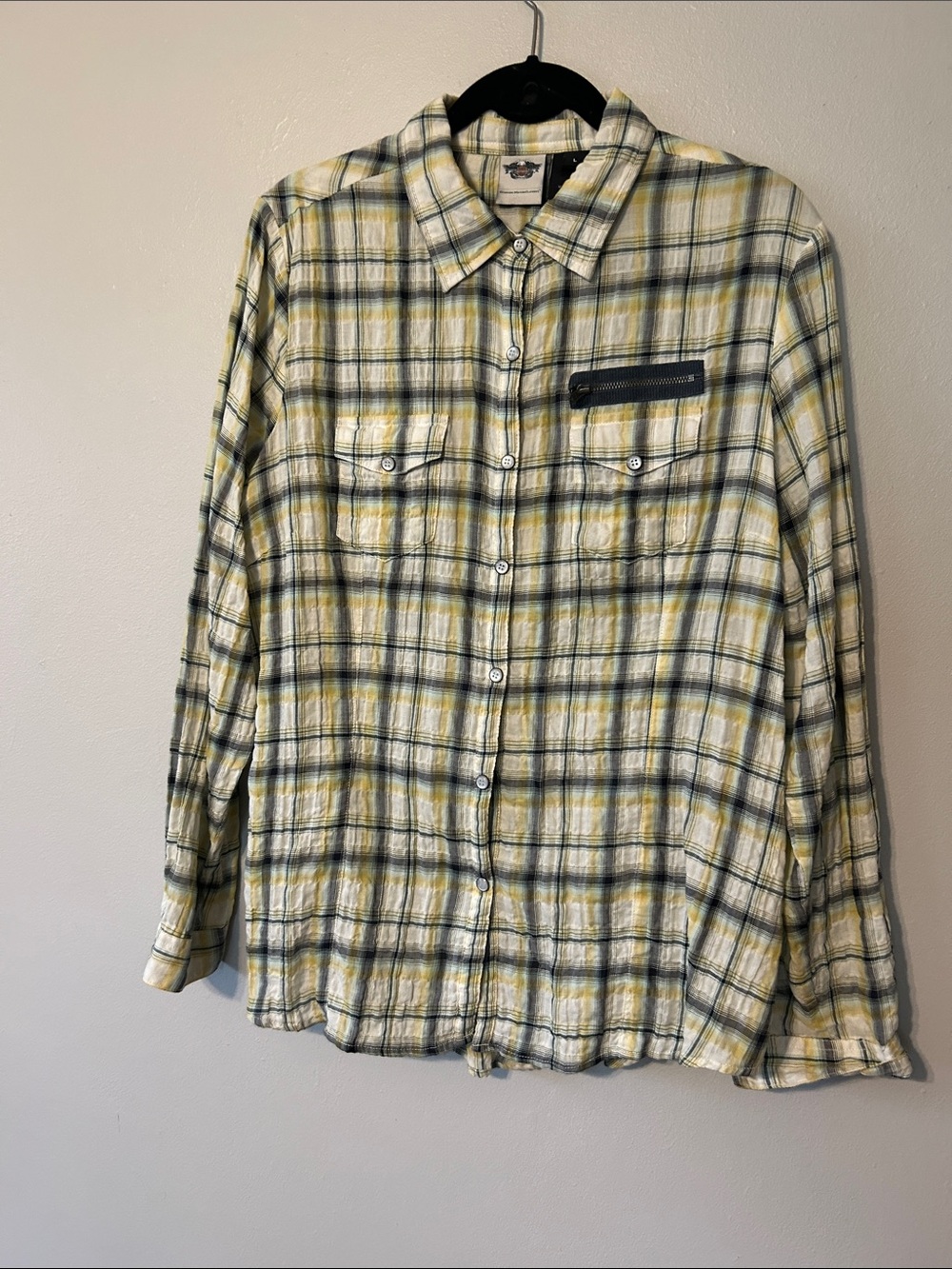 Harley-Davidson Yellow, Green & Cream Plaid Button-Up Shirt